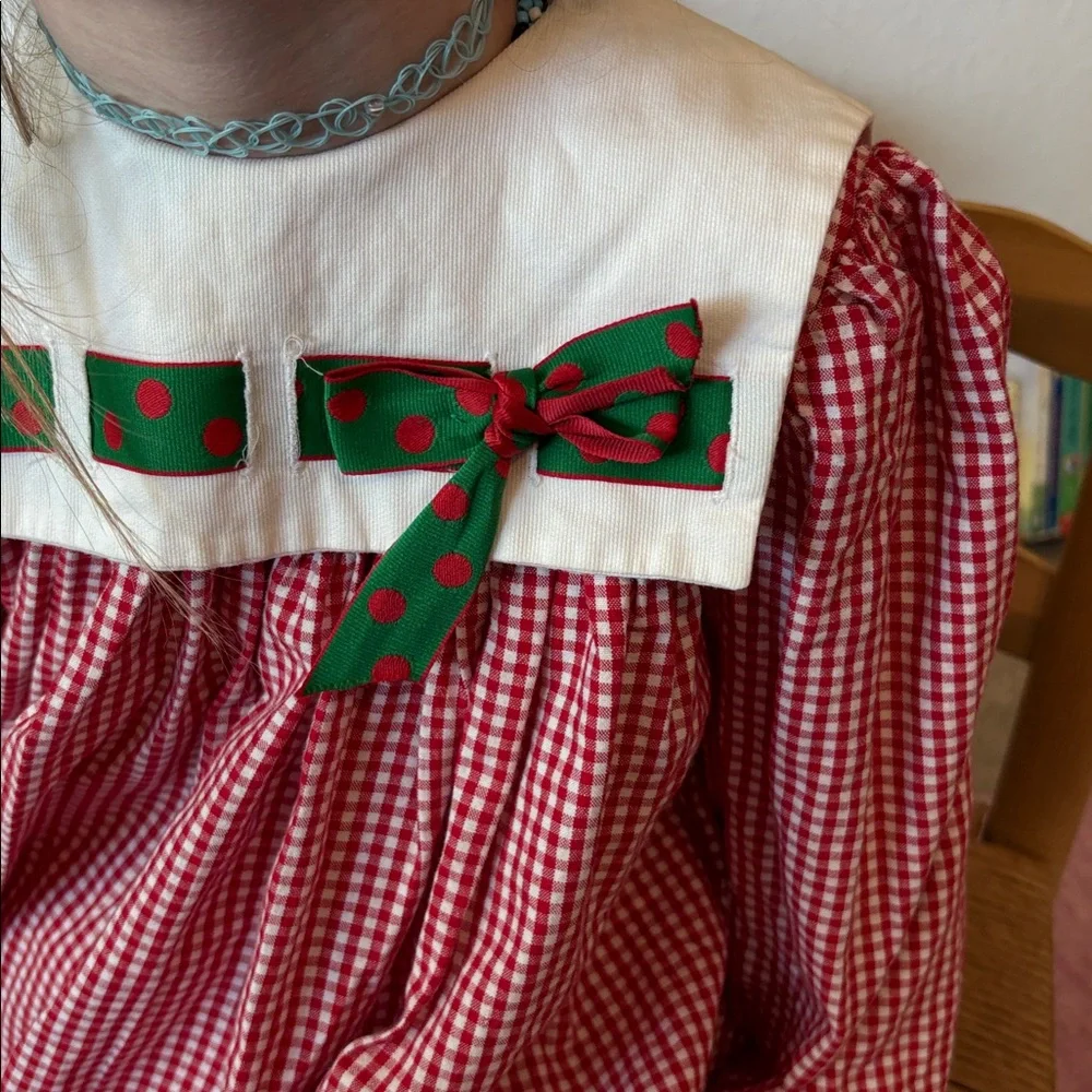 Vintage Christmas Peaches n Cream Red Gingham Polka Dot Ribbon Prairie Dress